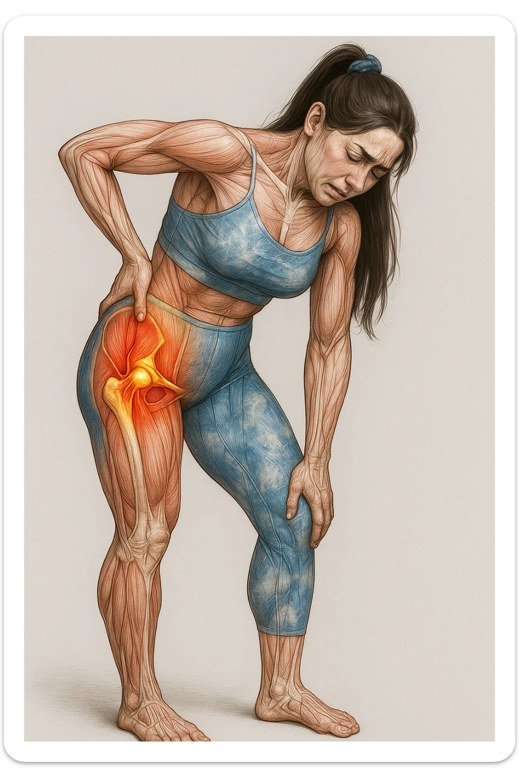 Realistic anatomical illustration of a woman in sportswear inspired by the reference photo, slightly bending forward holding the right hip due to pain, with highlighted muscles and joints involved, neutral background. sticker