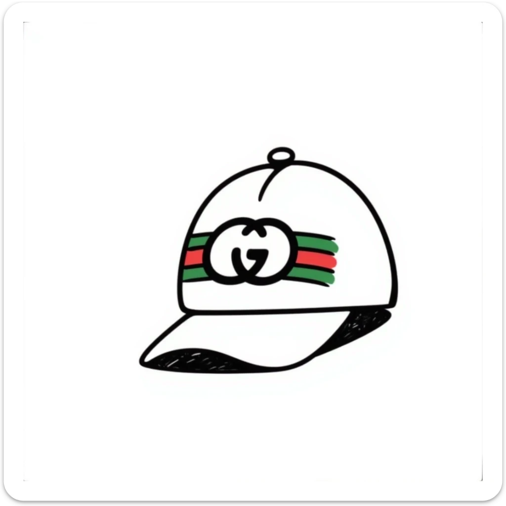 hand-drawn doodle of a Gucci cap with signature green and red stripes and logo sticker