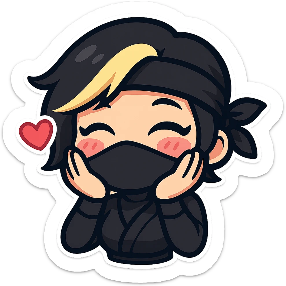 Sexy chibi ninja girl with black short hair and a blonde streak, only head and arms, colorful chibi style with bold outlines, transparent background, no mask, love expression with blushing cheeks and hands on cheeks, sized for Twitch emoji use. sticker