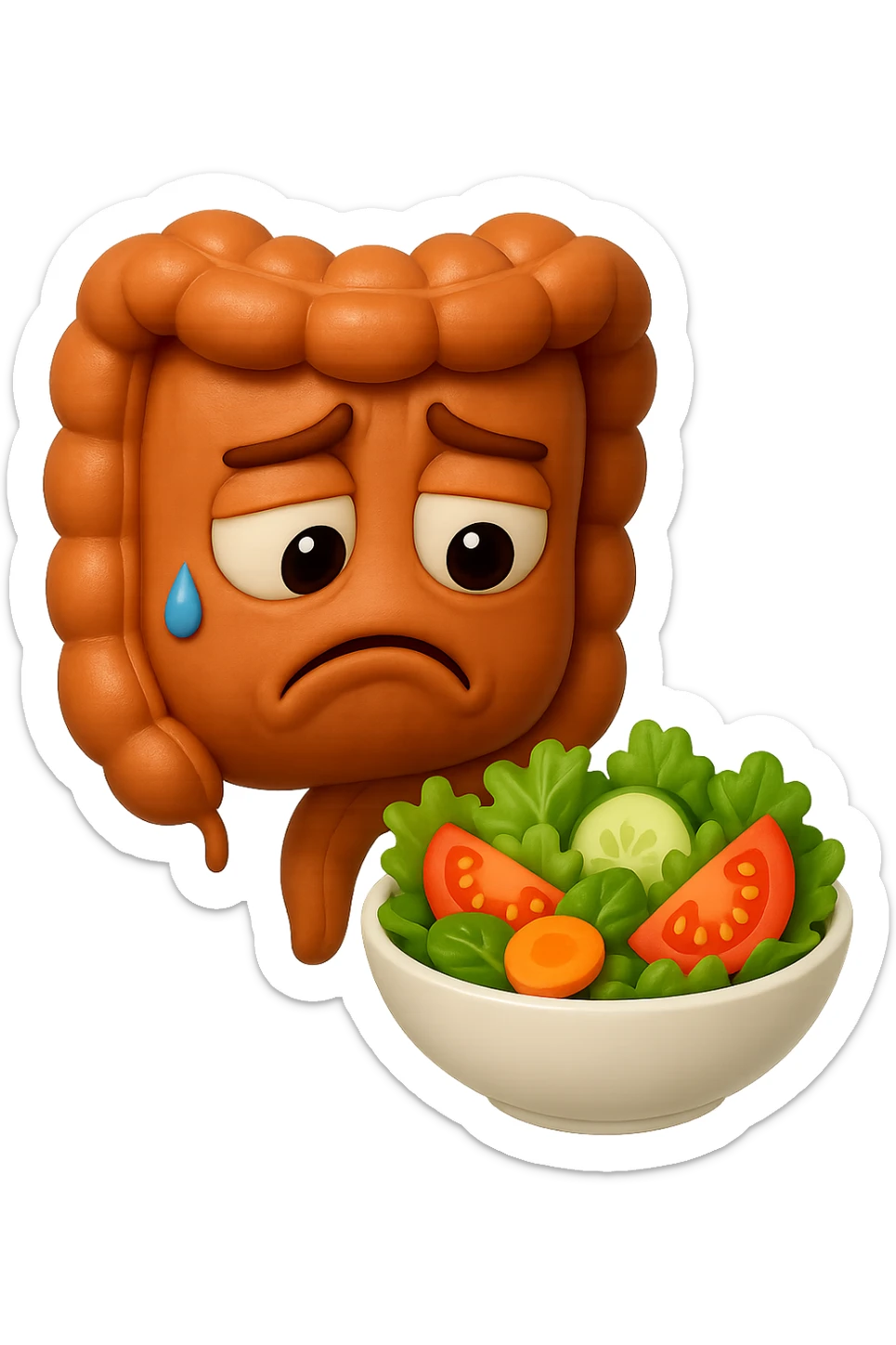 EMOJI STILE IPHONE DI UN INTESTINO UMANO ANATOMICO CHE GUARDA UN INSALATA CON ESPRESSIONE TRISTE E RASSEGNATA IN VOLTO: SOFFRE LA FAME PERCHé è A DIETA, FAGLI ANCHE LA PARTE BIANCA DEGLI OCCHI, NON SOLO LE PUPILLE, IPERREALISTICO 4K sticker
