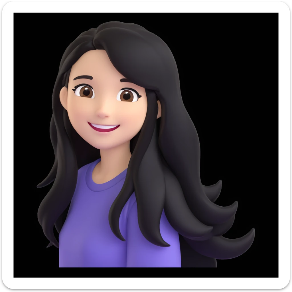 emoji of a white girl with black long hair and brown eyes, smiling sticker