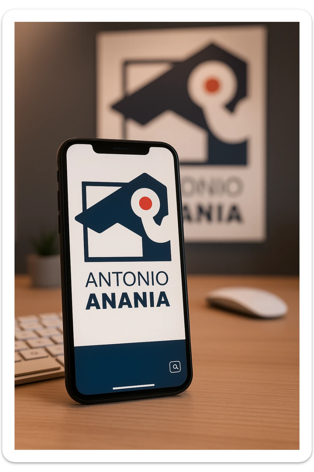 A photo of an iPhone on the desk with the logo of "Antonio Anania" on its screen, The phone sits atop a desk with a blurred with the logo in the background that suggests work environment. A faint glow from above casts gentle shadows across the surface of each object, creating depth and highlighting their textures sticker