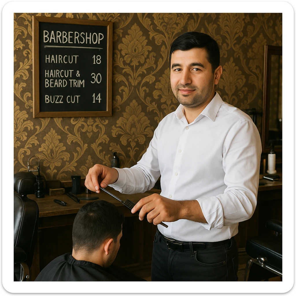 Draw me a picture of a barbershop that looks like this guy working in a barbershop. The barbershop doesn't have to be very modern. It should be on a medium floor. Also draw a blackboard on the wall. It should have the prices for haircuts there. sticker