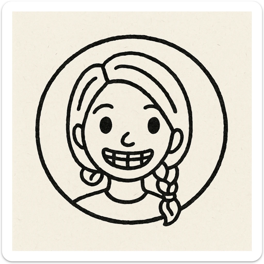 A girl with braces and yellow braided hair, in the style of a notion style hand drawn doodles sticker