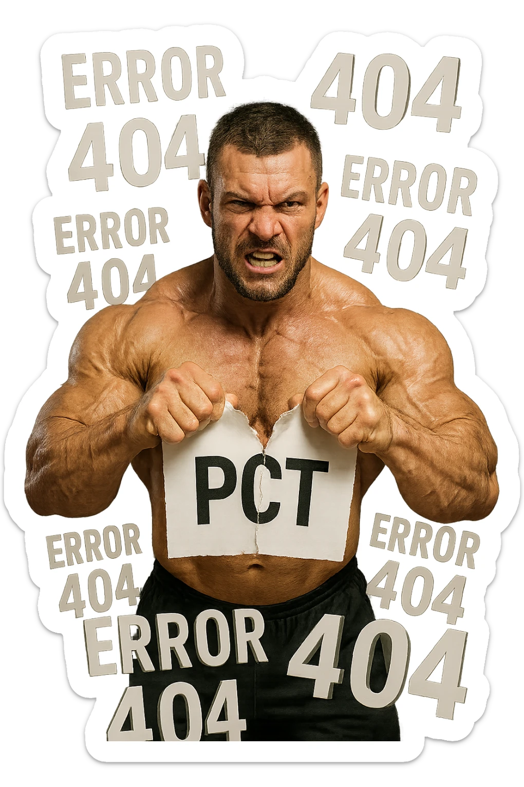 bodybuilder che strappa un foglio con la scritta "PCT" INTORNO A LUI FLUTTUANO LE PAROLE "ERROR 404", IPERREALISTICO 4K sticker