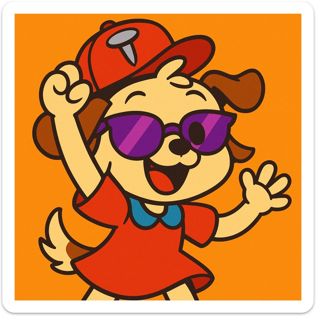 fun and expressive cartoon style puppy girl holding up a nail-themed hat, wearing half purple sunglasses, cheerful and energetic sticker