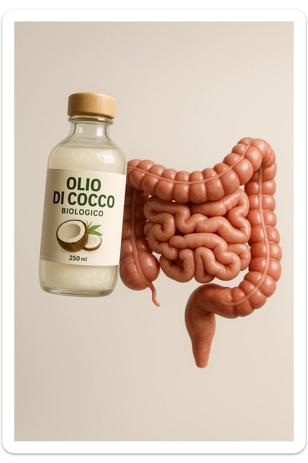BOCCETTA DI OLIO DI COCCO BIOLOGICO (FAI UN ETICHETTA SUL PRODOTTO IN ITALIANO) CHE FLUTTUA IN ARIA INSIEME A UN INTESTINO UMANO ANATOMICO IN PERFETTA SALUTE, SFONDO CHIARO, iperrealistico 4k sticker