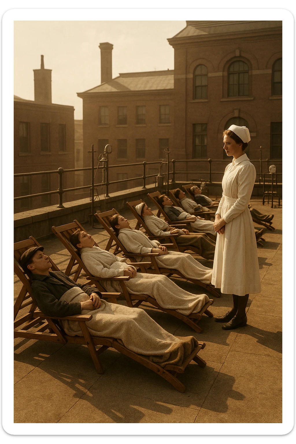 A realistic cinematic image of a hospital rooftop solarium from the 1900s, patients sunbathing under nurse supervision for heliotherapy against tuberculosis and rickets.” sticker