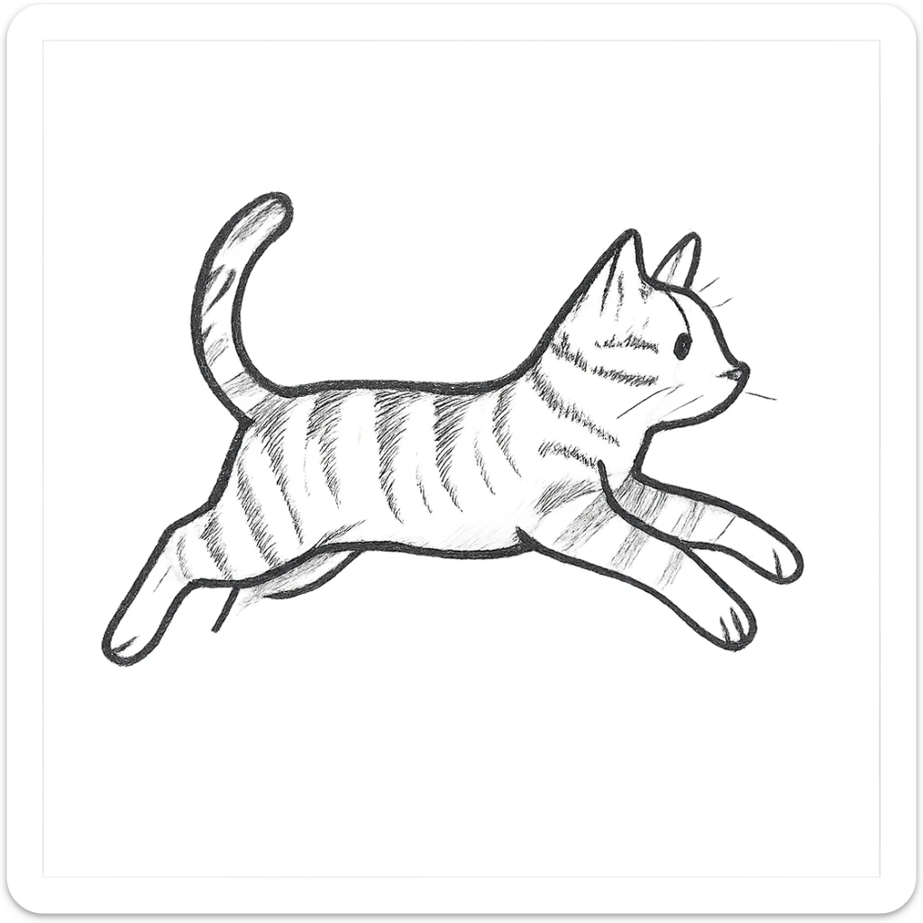 Make the jumping European shorthair cat a tabby cat in a minimal flat icon style with simple shapes and no background. sticker