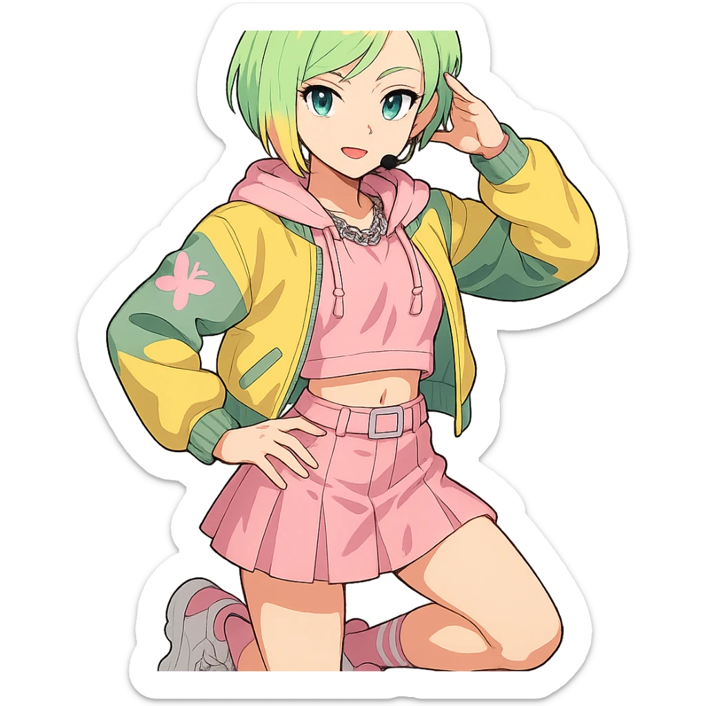 Fluttershy reimagined as a human K-pop idol in anime style, short pastel green hair, streetwear-inspired trendy outfit, confident pose, transparent background sticker
