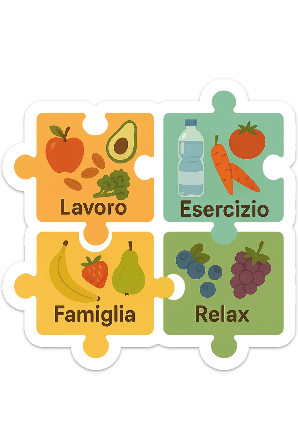 Puzzle (Lavoro, Esercizio, Famiglia, Relax), and healthy foods are integrated into each piece. in italiano sticker