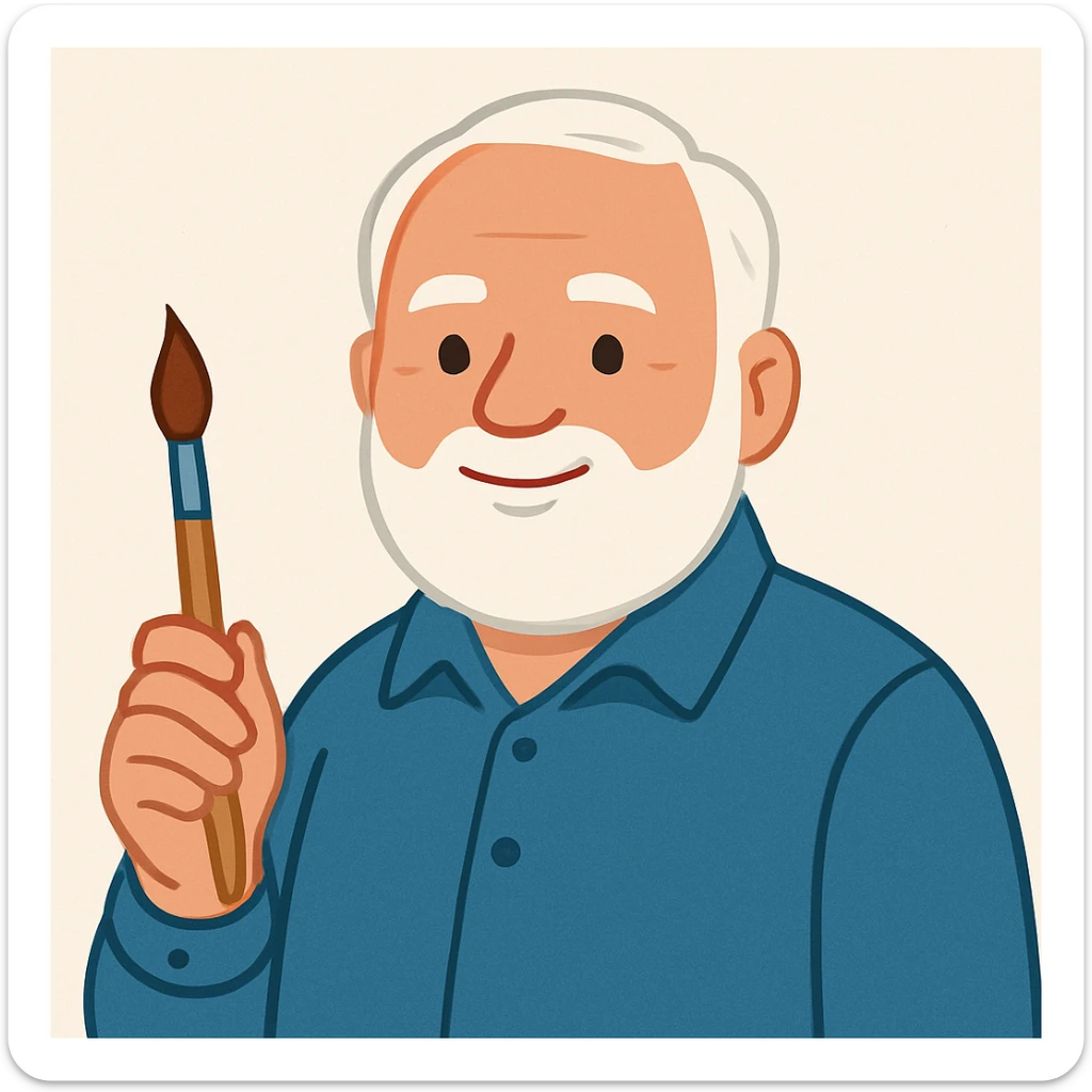 man with a round face, white hair and beard, wearing a blue collared shirt, holding a paint brush, clean modern illustration style sticker