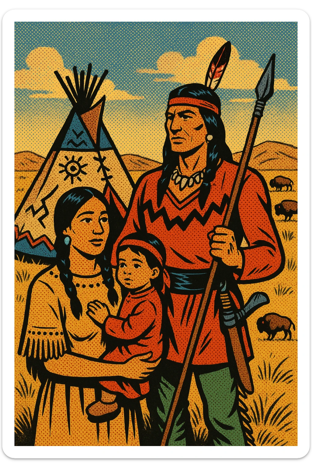 A native American family including a mother and young child, with a father who is a warrior. They are standing near a tepee decorated in native american symbols, there are buffalo in the distance. They are on the dry grasslands of the great plains in the 1840s sticker