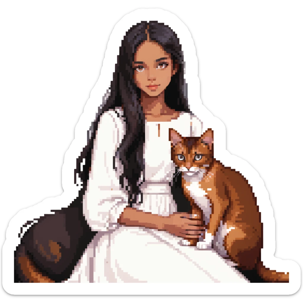 beautiful girl with long black hair in a white dress cuddling an Abyssinian cat with reddish-brown fur sticker