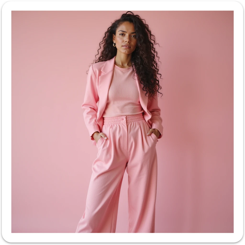 a fashionable woman in a trendy pink outfit, photorealistic sticker