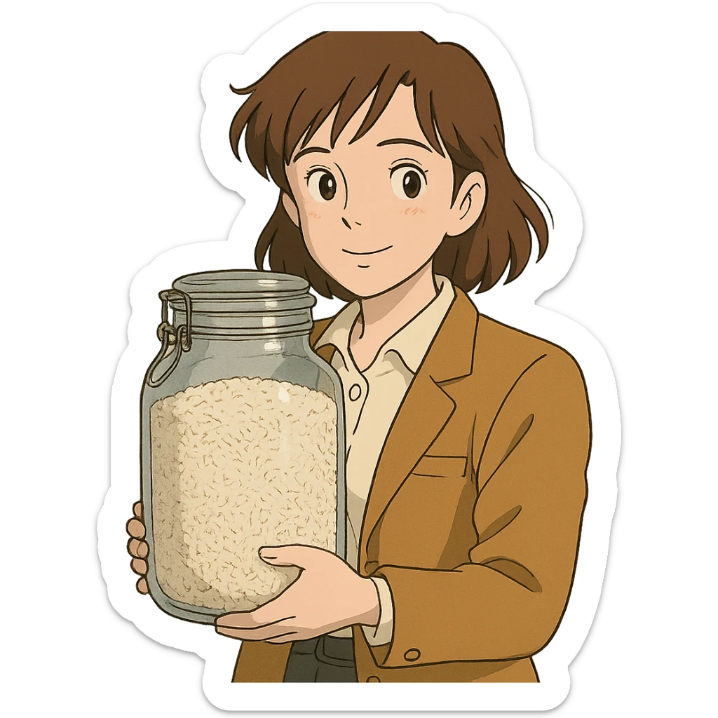 designer woman with brown hair holding a big glass jar of rice in ghibli style sticker