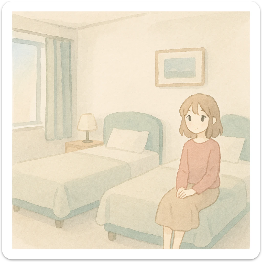 Change the double bed in the hotel room to two single beds. Maintain the soft watercolor illustration style with pastel colors, delicate linework, a gentle, whimsical mood, anime-inspired features, and minimal, soft shading. sticker