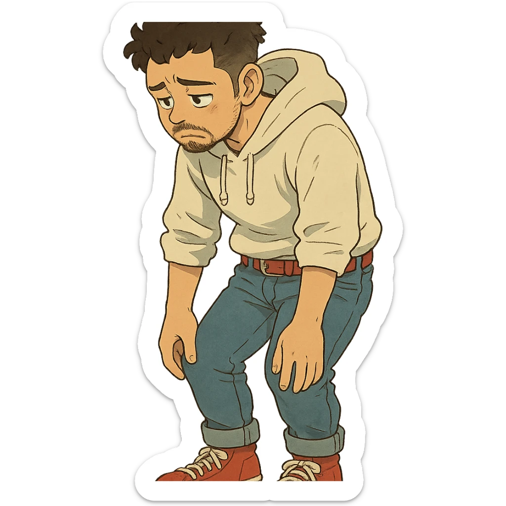 1 male, mid fade haircut dark chestnut brown curly hair, toasted lightskin, white hoodie sleeves up, fashion jeans, red fashion-sneakers shoes, red belt, short trimmed beard and goatee,  style of deku from "my hero academia", doing a "sad" pose sticker