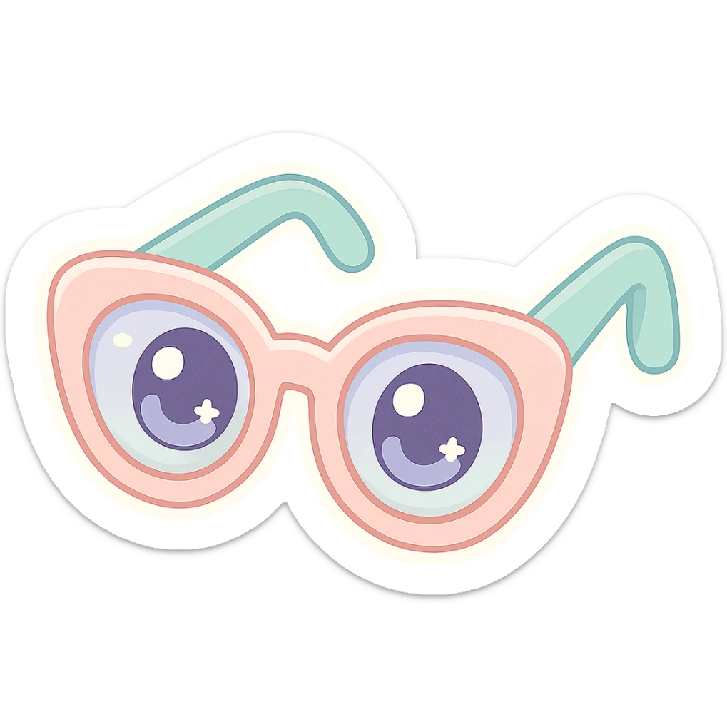 Make these vintage sunglasses kawaii style with cute eyes and pastel accents, keeping it adorable and fun, with no background. sticker
