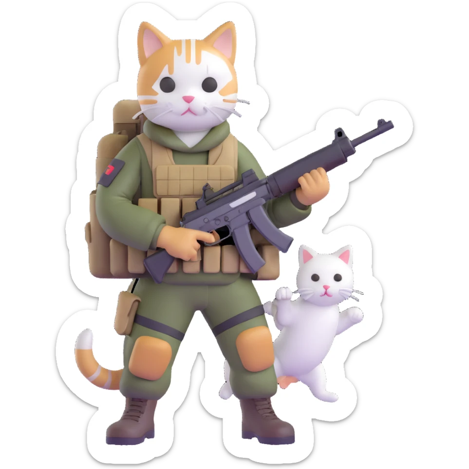 Man in tactical airsoft gear holding a gun in one hand and a white and brown cat in the other hand sticker