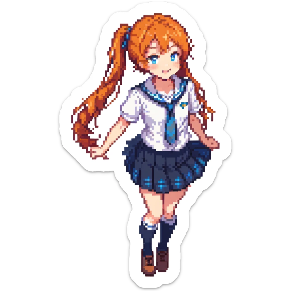 anime girl in school uniform, orange hair in side ponytail, blue eyes, standing in a courtyard with cherry blossom petals, skirt and hair fluttering in breeze, cheerful expression sticker