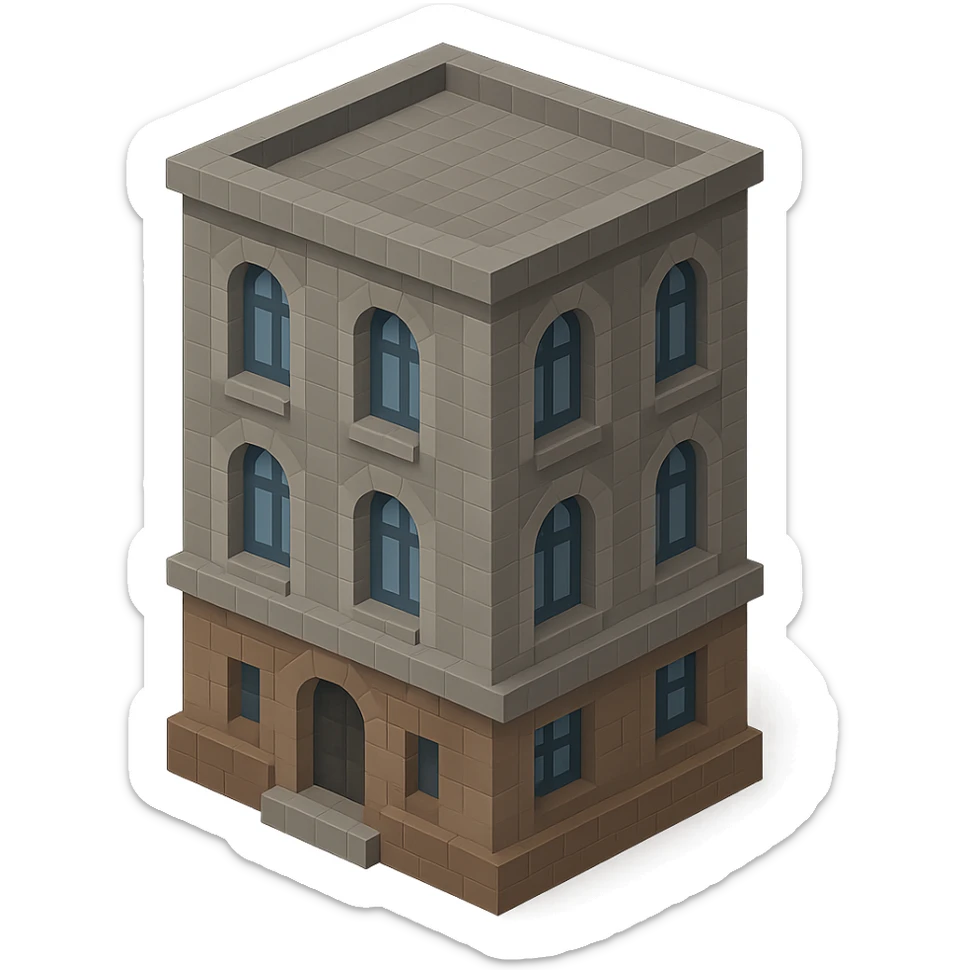 old Saint Petersburg building in voxel style, muted gray and brown colors, tall arched windows, isometric view sticker