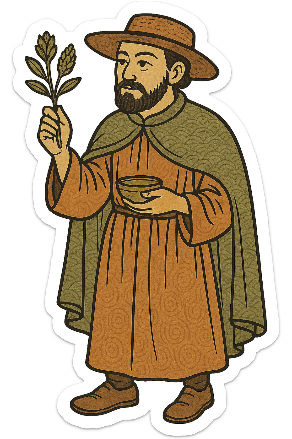A full body medieval male doctor holding a herbal remedy remove the mask sticker