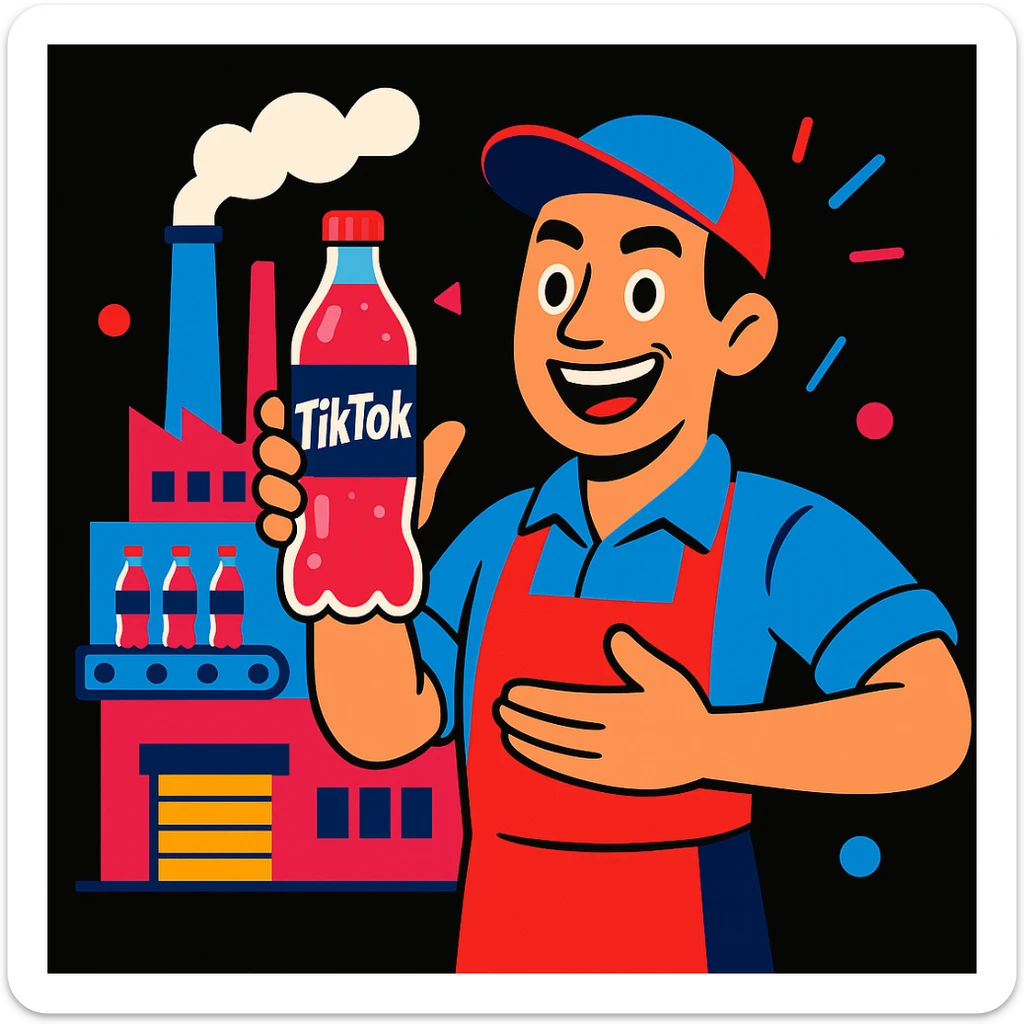 vibrant cartoon style illustration of a man standing proudly in front of his modern soft drink factory, holding a bottle of his signature drink and introducing it, TikTok-inspired, black background, bold colors, energetic and welcoming sticker