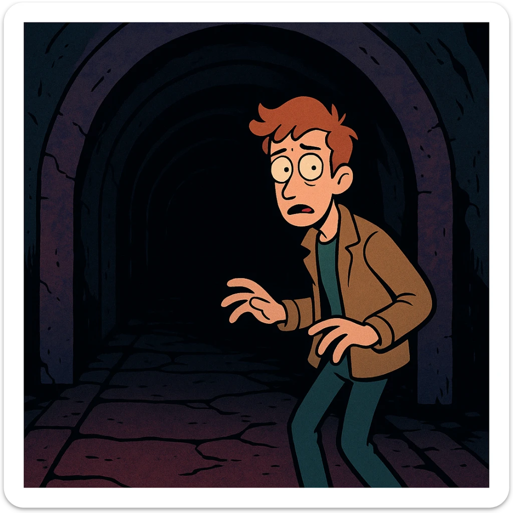 a dark tunnel, mysterious and shadowy, cartoon style, vibrant colors, bold lines sticker