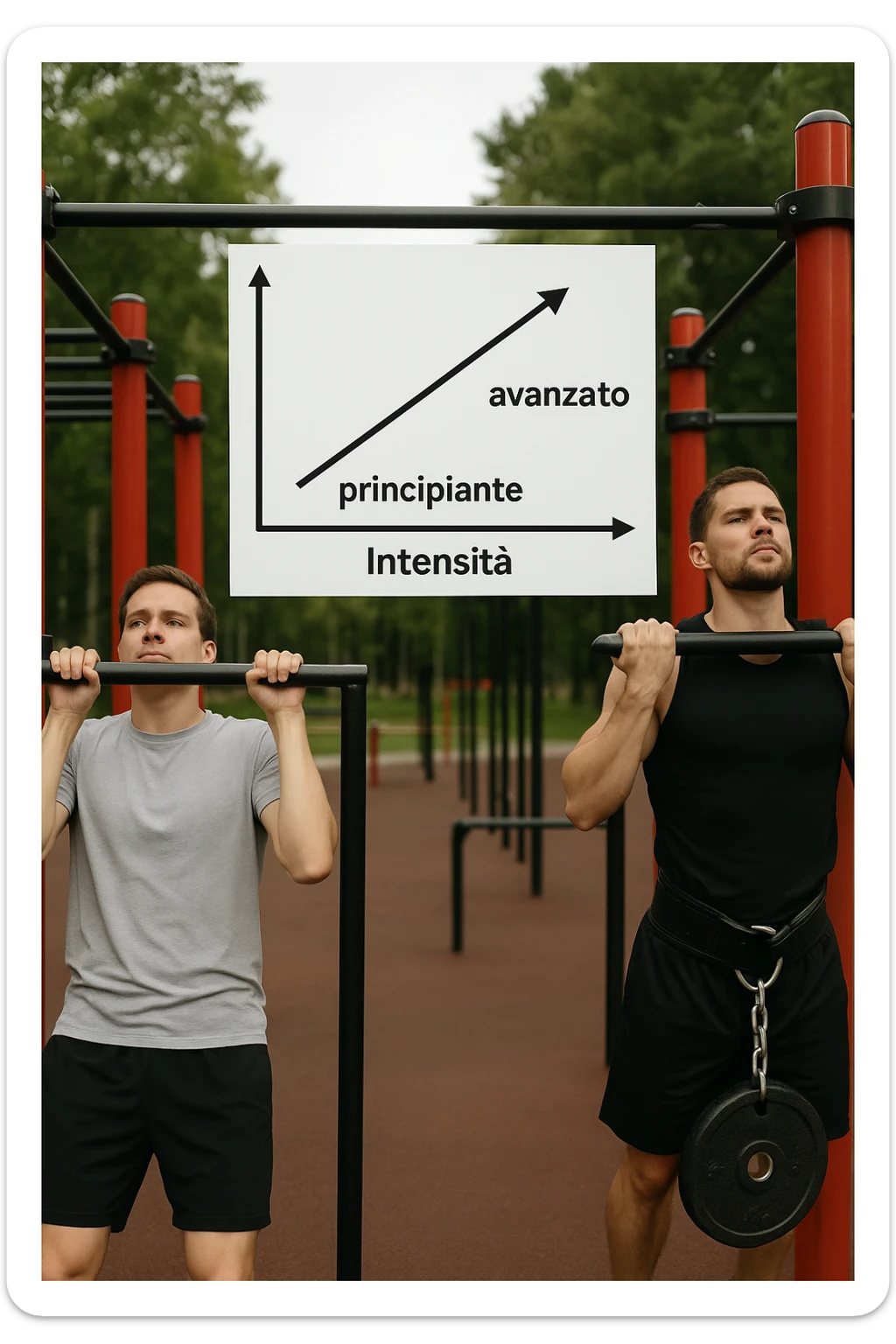 Due atleti fianco a fianco in un parco attrezzato: a sinistra il neofita che fa 10 trazioni leggere con concentrazione, a destra l’atleta avanzato con cintura zavorrata che fa 3 ripetizioni lente e pesanti. Tra loro, grafico sospeso in aria che mostra: 'Volume → neofita | Intensità → avanzato'. Stile realistico con elementi educativi visivi in italiano sticker