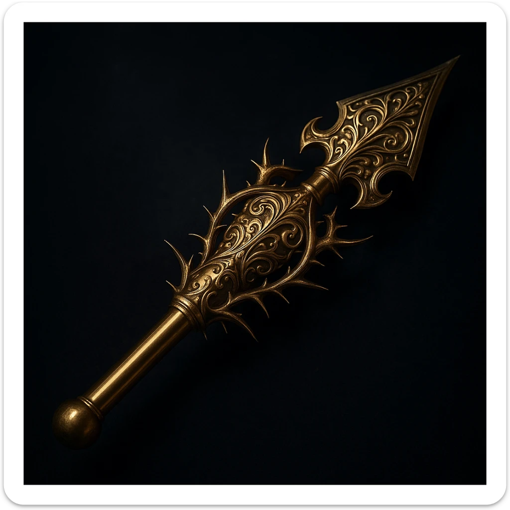 A fantasy arrow with a sleek gold shaft, rounded blunt tip, elaborate gold filigree, and sharp thorns encircling it. Metallic sheen, dark background, cinematic, highly detailed. sticker