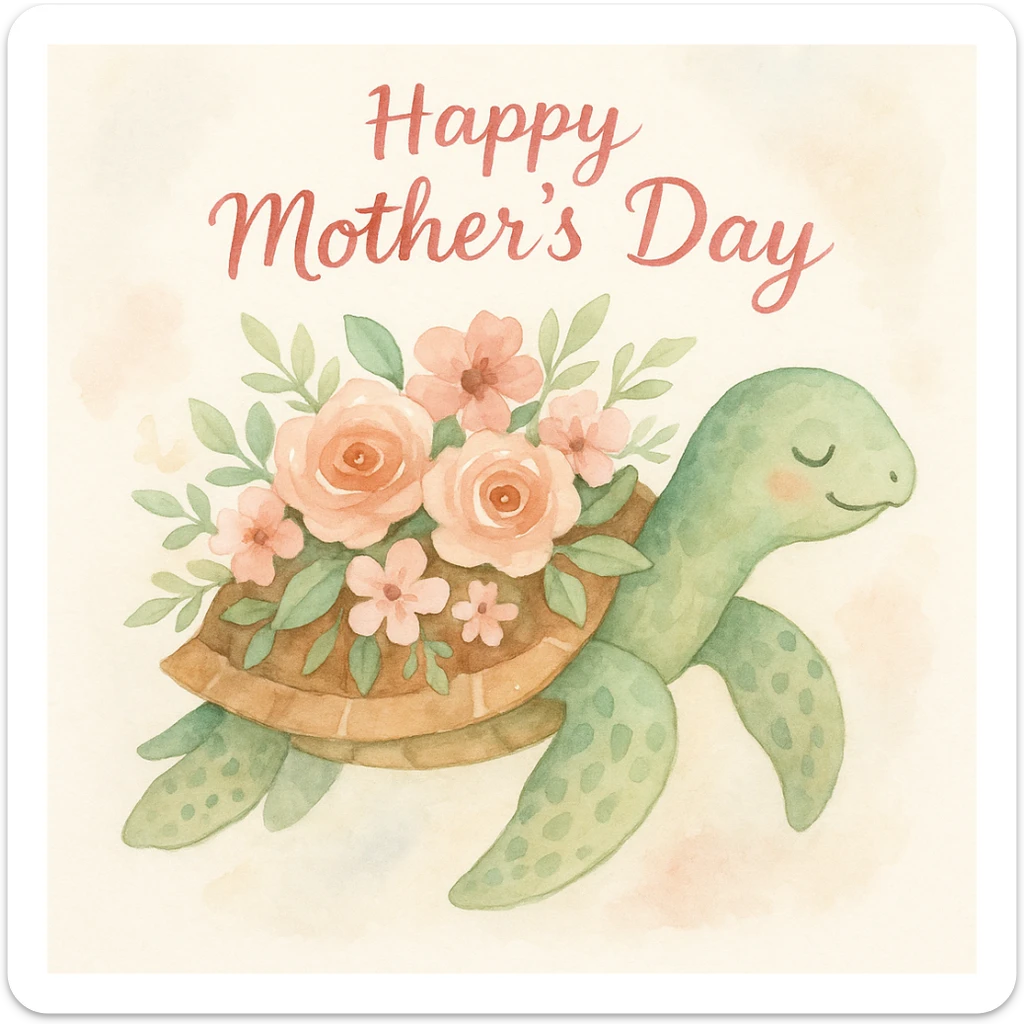 watercolor style turtle with floral decorations, gentle Mother's Day vibe sticker