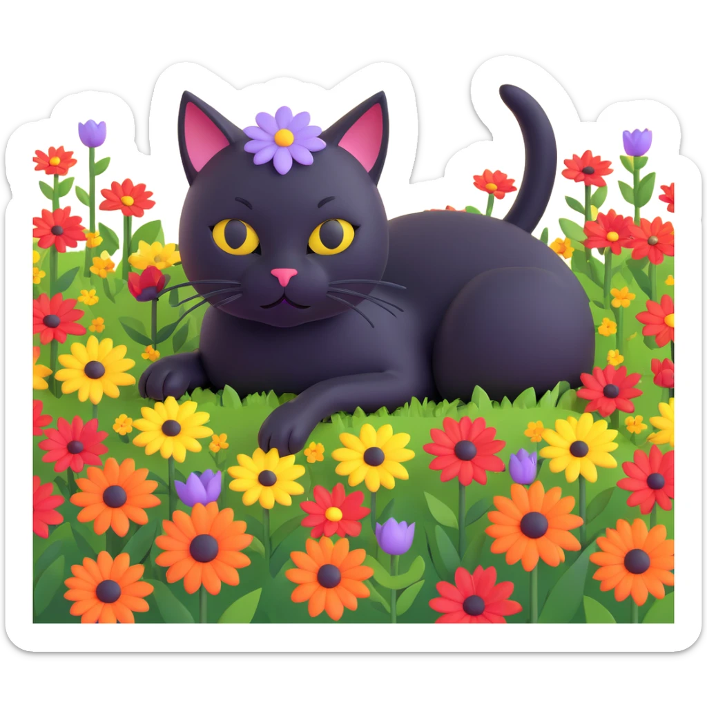 A black cat with a flower on its head in a field of flowers, lying down sticker