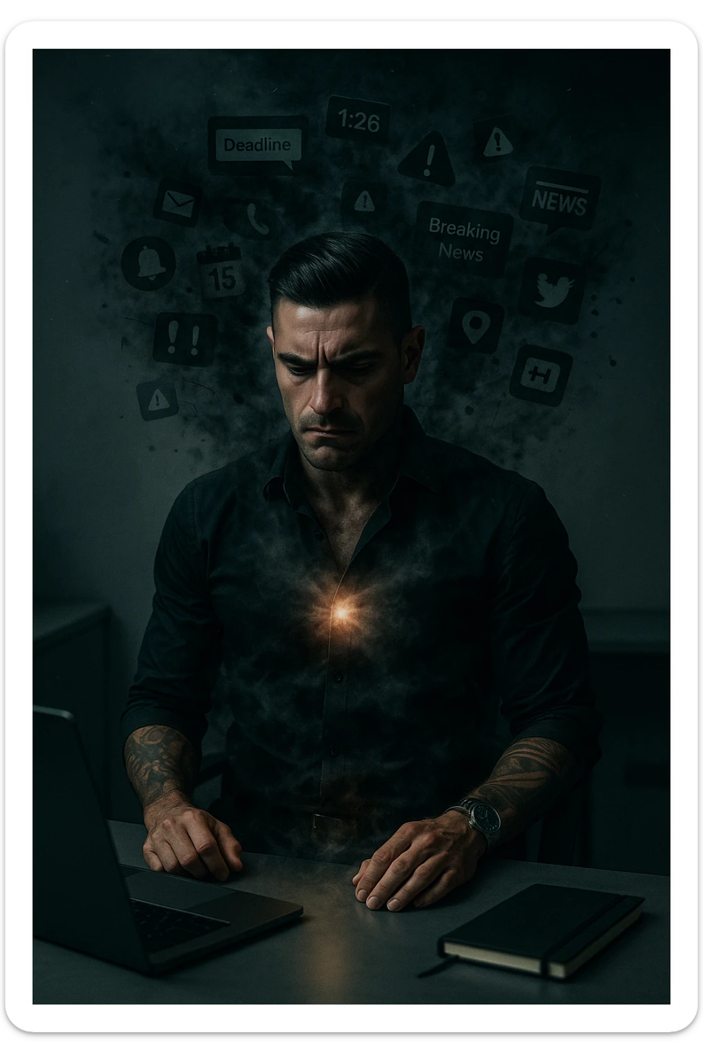 A highly realistic, cinematic image of a young man in his early 30s, sitting at a modern office desk under harsh artificial lighting, shoulders hunched, jaw clenched, and breathing shallowly, symbolizing how modern society forces people to live in a state of chronic tension and restricted breathing. Around him, faint black and grey visual elements represent notifications, deadlines, social media icons, and news alerts, swirling around his head like a chaotic storm, symbolizing societal pressure. His chest appears visually tight and compressed, and faint dark smoke emanates from his body, representing blocked breath and internalized stress. In contrast, a faint glowing light near his chest and abdomen tries to expand, symbolizing the innate desire of the body to breathe freely and deeply. The environment is cold and minimalistic, with a sense of stillness and tension, captured in a hyperrealistic 35mm film style with muted colors, focusing on the man's tense posture and restricted breathing to reflect the unseen burden of modern living. in italiano sticker