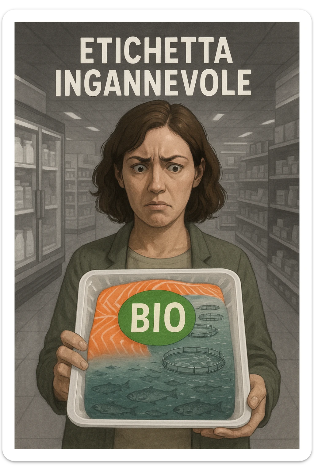 Scena in un supermercato moderno: uomo o donna tiene in mano una confezione di salmone etichettata 'BIO', con un grande bollino verde. Ma in trasparenza, dietro l’etichetta, si intravede un allevamento intensivo di salmoni in gabbie marine, acqua torbida e pesci ammassati. Espressione del cliente confusa e sospettosa. Sopra la testa, testo simbolico fluttuante: 'Etichetta ingannevole'. Colori contrastanti: confezione brillante ma realtà di fondo grigia e artificiale. Stile realistico con elementi simbolici forti realistico sticker