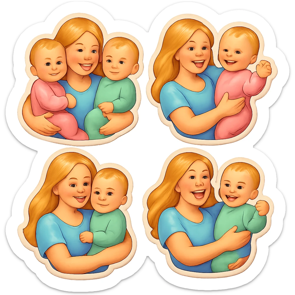 one-year-old twin girls with short light hair sitting on the arms of their mother with long light hair, all wearing pastel cute clothes, soft shadows and highlights, retro stickers style, multiple pose variations sticker