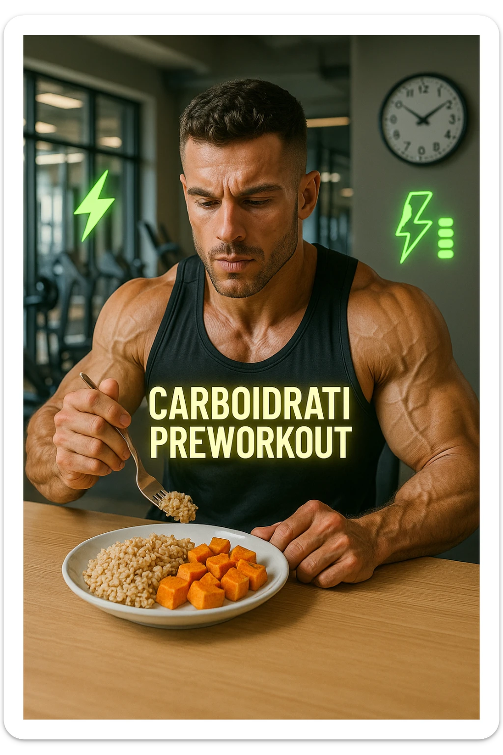 Uomo atletico seduto al tavolo poco prima di andare in palestra, mentre mangia una porzione di riso integrale e patate dolci con un’espressione consapevole e concentrata. Sullo sfondo si intravede la palestra. Sopra al piatto c’è una scritta luminosa 'Carboidrati preworkout'. Accanto a lui, un orologio indica che mancano 45 minuti all’allenamento. Il suo corpo appare pronto, i muscoli sono pieni e ben vascolarizzati, e sullo sfondo ci sono icone simboliche di energia (es. fulmini, barre di energia verdi). Atmosfera motivante e piena di vitalità. in italiano sticker