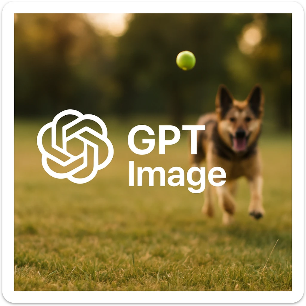  logo of chat gpt with text "GPT Image" on the background of a dog chasing ball, realistic image sticker