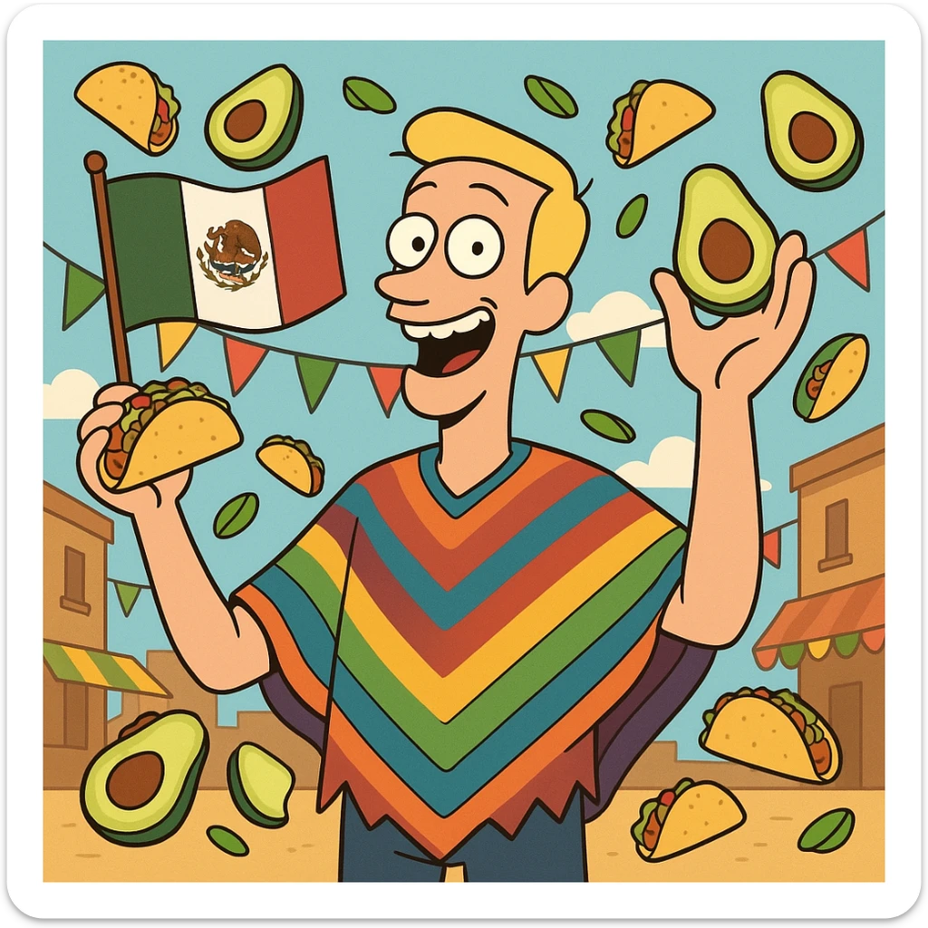 playful cartoon of a tall white American with blonde hair, colorful poncho, smiling, holding taco and avocado, waving Mexico flag, surrounded by tacos and avocados, street party scene sticker