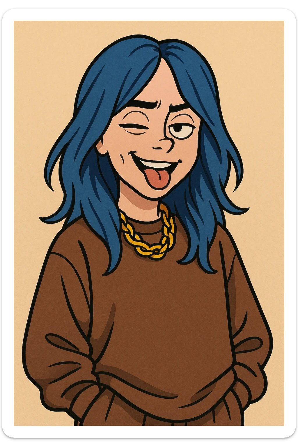 cartoon style portrait of Billie Eilish with blue hair, baggy clothes, playful expression sticker