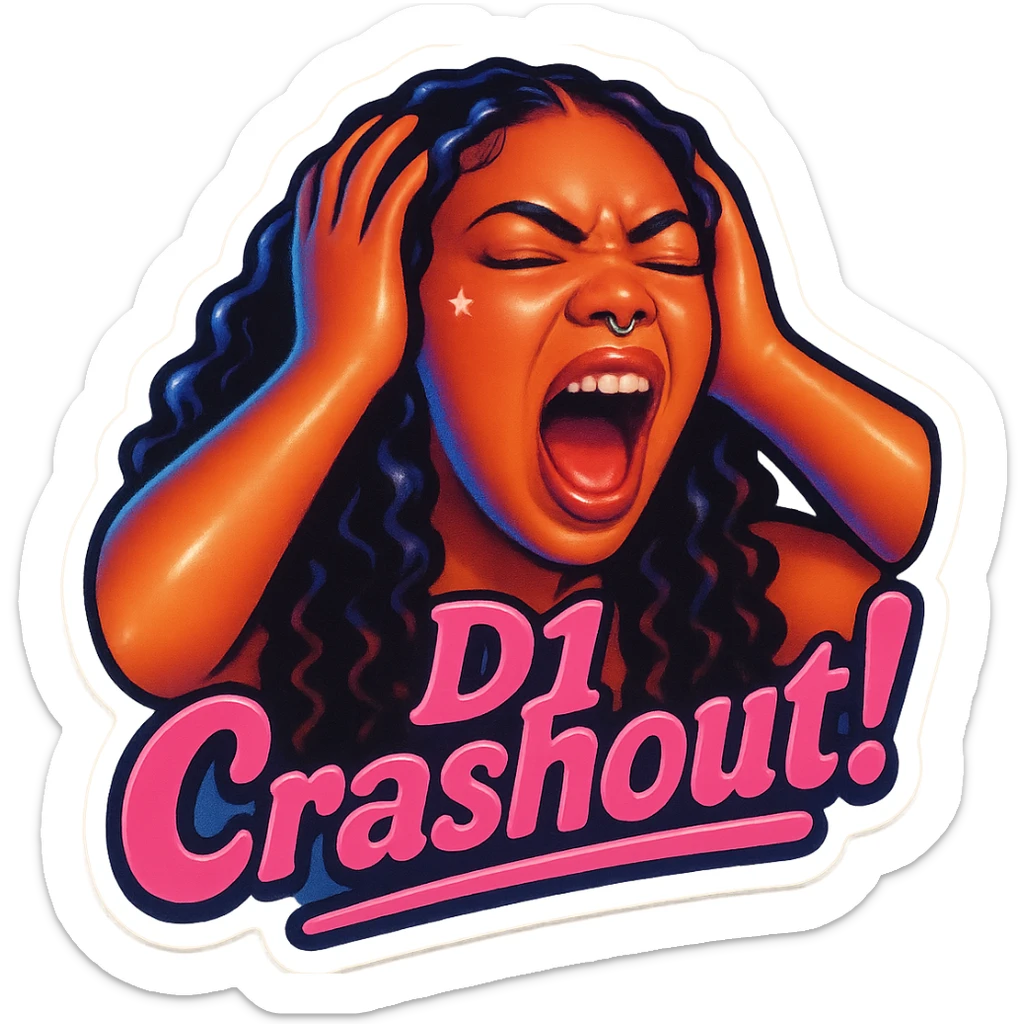 Shout eyes closed
Holding head 
add the wordsD1 Crashout!  in pink  sticker