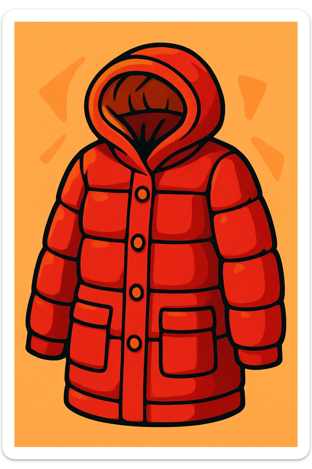 red winter coat for women, cozy and warm, with a hood, vibrant toon style sticker
