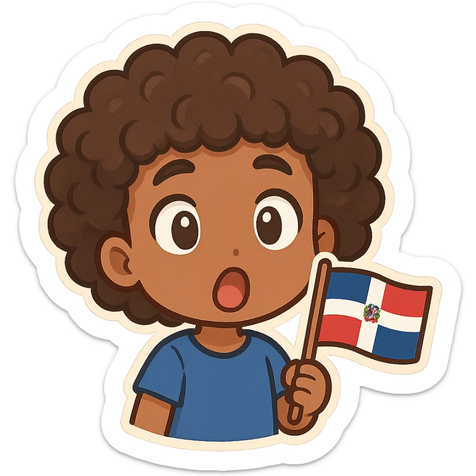 chibi emoji of a Dominican character with curly hair and brown skin, surprised expression sticker