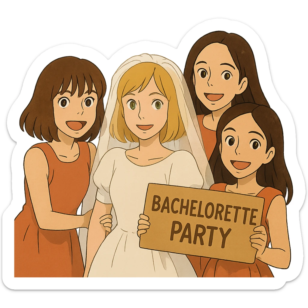 bachelorette party group of 4 girls, one with brown hair, blue eyes, fringe; two with brown hair; one bride with green eyes, blonde shoulder-length hair sticker