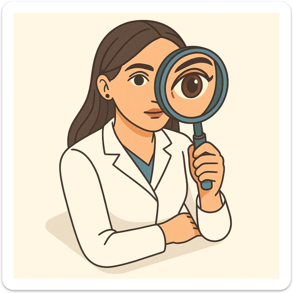 Front view of a female doctor with dark long straight hair and detailed brown eyes (not just dots), wearing a white coat, in 2D isometric style with a minimalist background. She is looking straight into the camera through a magnifying glass, both eyes visible, with one eye enlarged and distorted like a fisheye lens. Appearance matches the reference. sticker