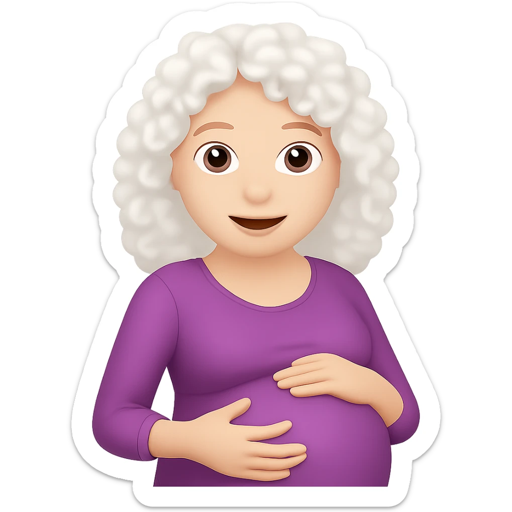 Edit the image of a pregnant woman with white curly hair in an emoji style. Keep the background removed as requested. Maintain the emoji style look in the edit. sticker