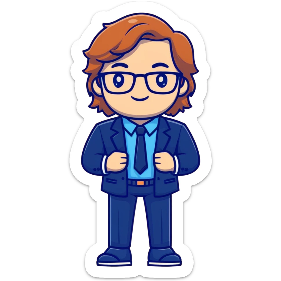 Professional economics channel mascot with shoulder-length wavy light brown hair, rectangular glasses, navy blazer, light blue shirt, empty hands, confident stance sticker