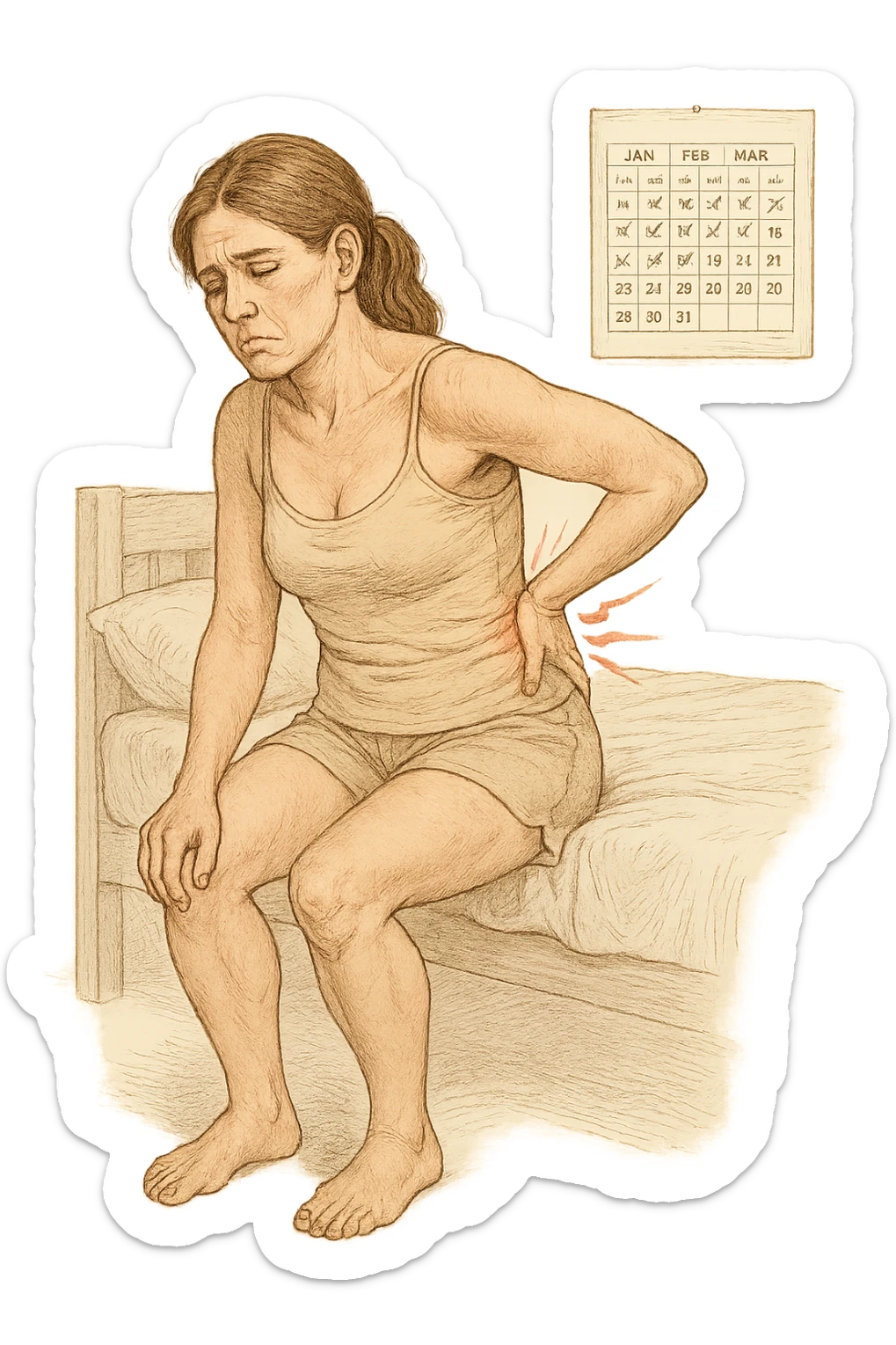 a woman in her 30s sits on the edge of her bed in the morning, holding her lower back with a pained expression. Subtle visual cues, like uneven shoulders or hips, hint at postural asymmetry. The room is softly lit, and a calendar on the wall shows months crossed off, symbolizing chronic pain over the years. vista anatomicamente sticker