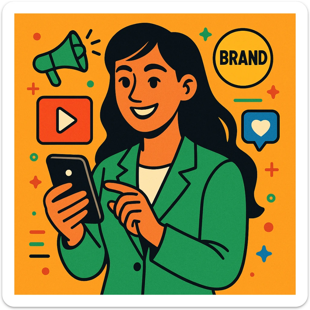 female brand marketer with long black hair, dressed in green, smiling and holding a smartphone, symbolizing content creation and social media reels, vibrant professional style sticker