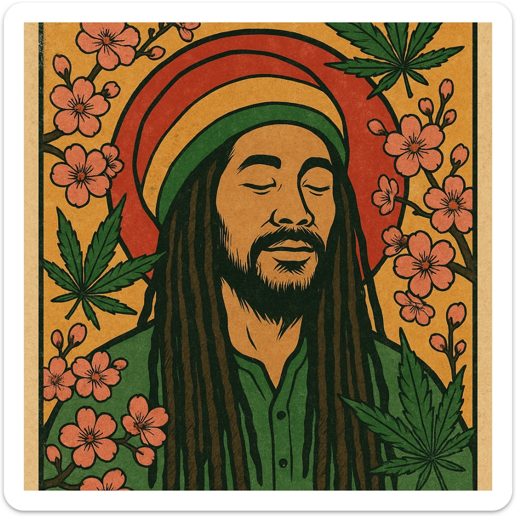 Vintage poster of an Asian Rasta with long dreadlocks, peaceful eyes, and a red-gold-green tam. Surrounded by cherry blossoms and ganja leaves. Background blends Rasta colors into an Asian flag (e.g., red sun from Japan or Chinese star). Retro reggae fusion vibe, with bold lines and aged paper texture.
 sticker